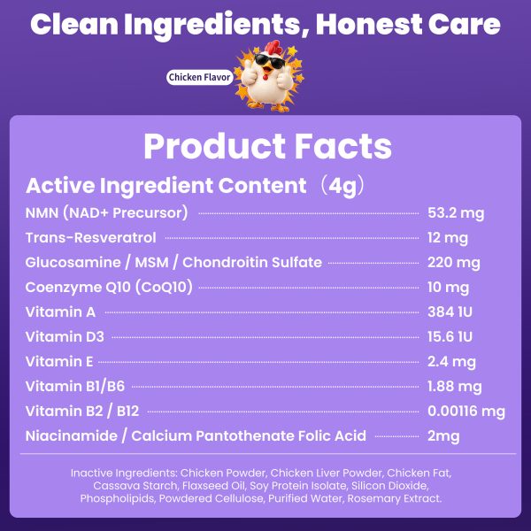NAD+ CoQ10 Multivitamin Soft Chews for Dogs, Joint & Heart Support NMN+Resveratrol+CoQ10 for Cellular Energy Full-Spectrum Multivitamin & Joint Support. Chicken Flavor, 100 Chews